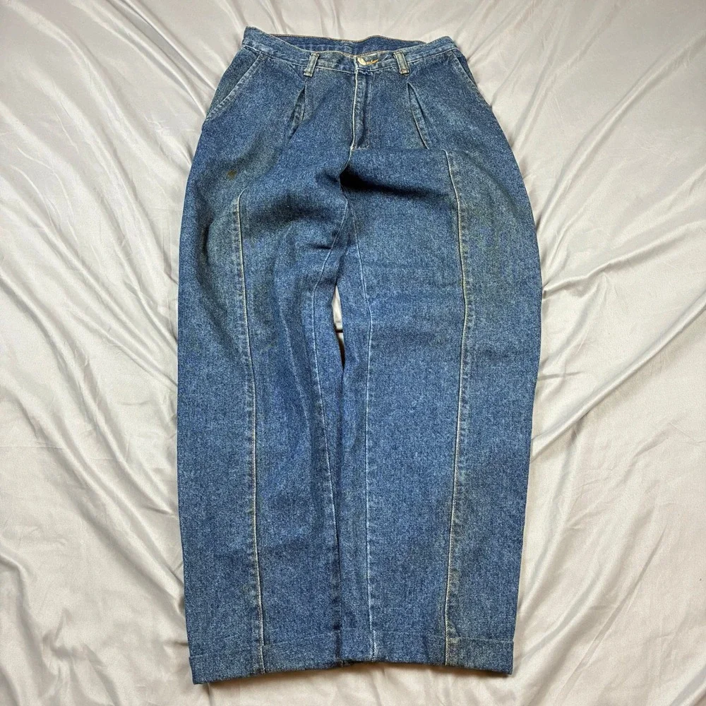 VTG Sasson Pleated Denim Trousers Women 28 x 28 Blue High Waist Tapered USA 80s